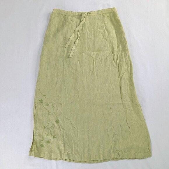 VTG Green Linen Side Slit Floral Embroidered Tie Waist Lagenlook Maxi Skirt - Picture 1 of 8